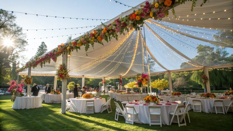 Elegant outdoor event tent with string lights and floral arrangements