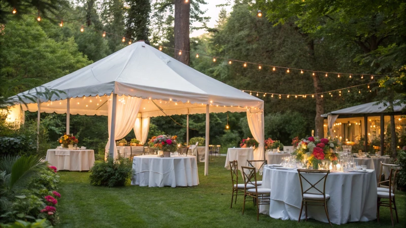 Elegant outdoor event tent in a lush garden