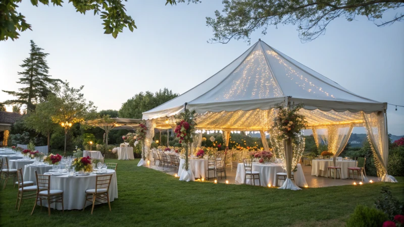 A large outdoor event tent in a garden with guests mingling.