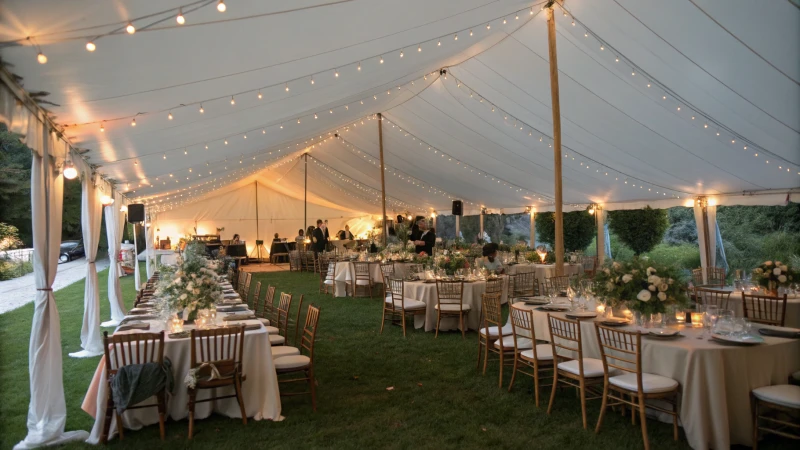 Large outdoor event under a white tent with elegant table settings and guests mingling.