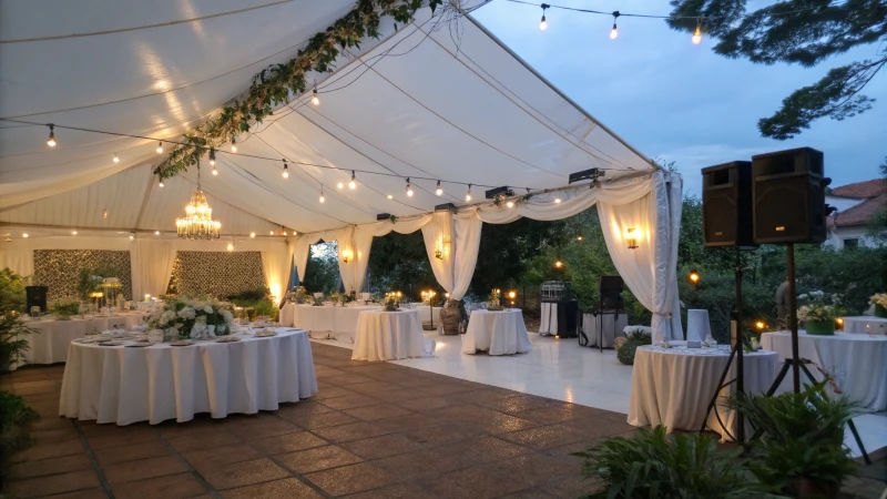 Elegant outdoor event tent with tables and ambient lighting