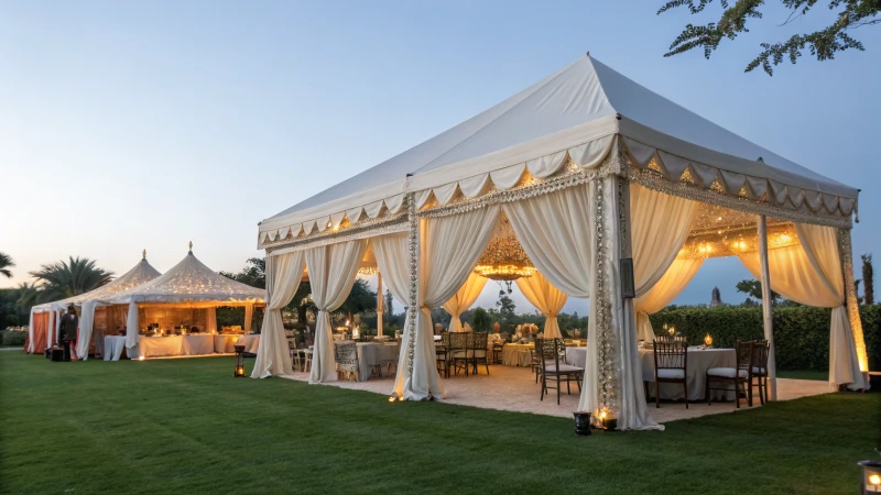 An outdoor event featuring a large white tent with elegant draping.