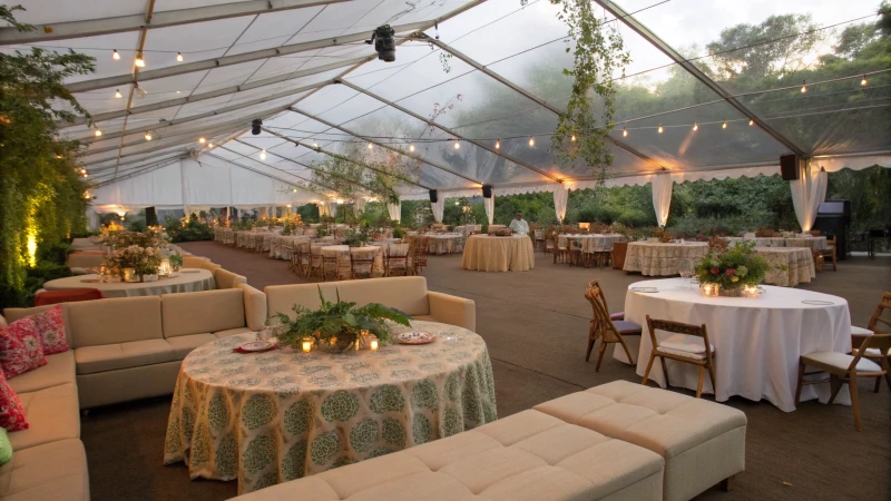 A large outdoor event tent filled with various seating arrangements