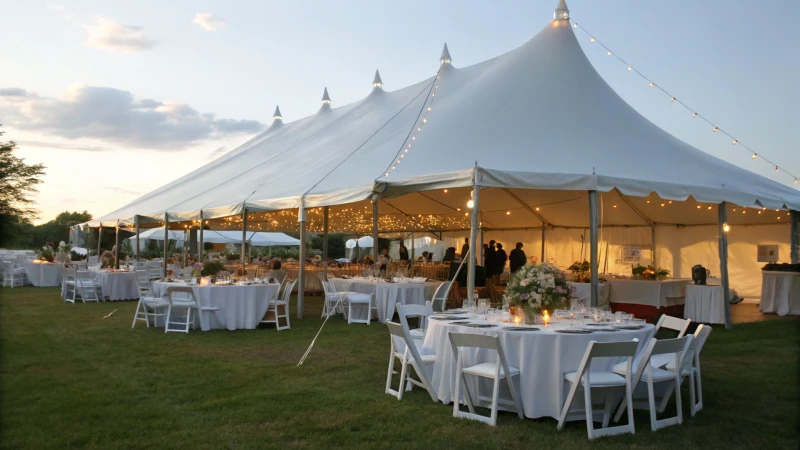 A spacious outdoor event tent setup with tables and floral arrangements.