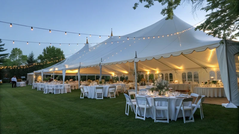 Outdoor event tent setup with banquet tables and ambient lighting