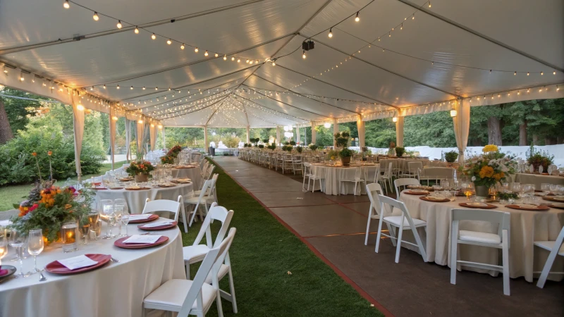 A beautifully arranged outdoor event tent with seating and decorations.