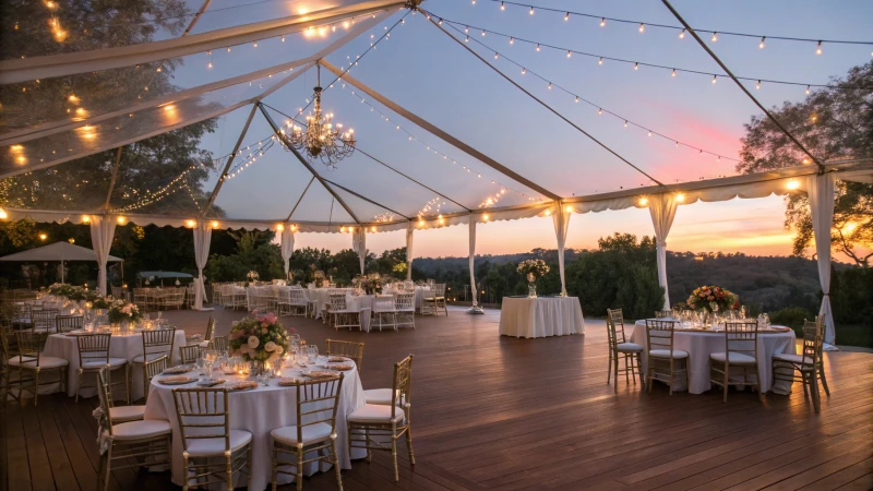 An elegant outdoor event tent set for a gathering