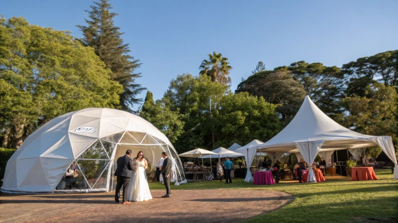 A vibrant outdoor event featuring various tent shapes surrounded by greenery.