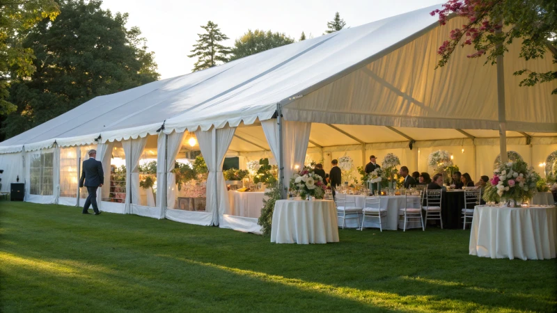 A large white tent set on a green lawn with guests mingling inside