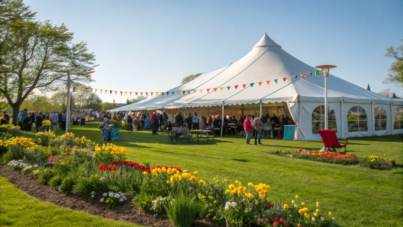 A large white tent in a sunny park during a festive outdoor event.