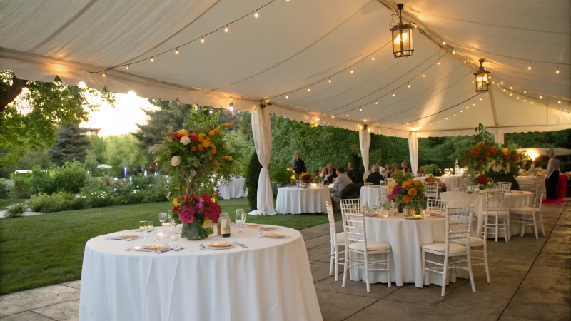 Elegant outdoor event under a white tent with dining tables and floral arrangements.