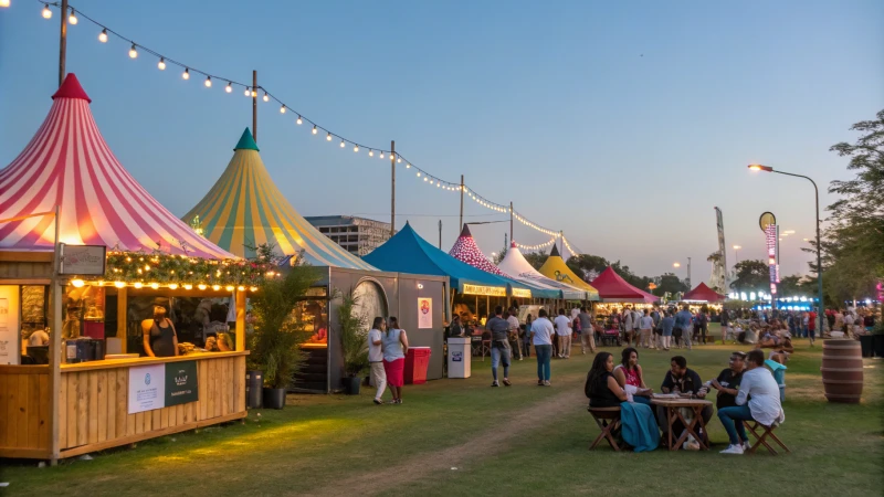 A vibrant outdoor festival with colorful tents and lively crowds.