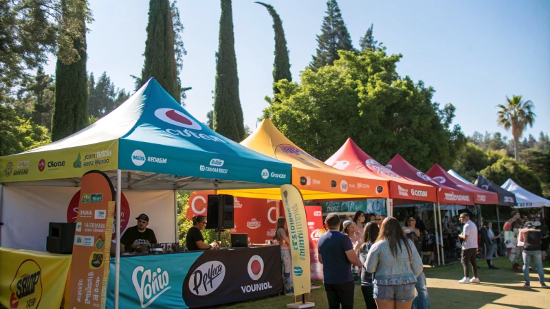 A vibrant outdoor festival with colorful tents and attendees.