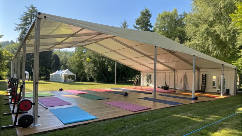 An outdoor gym tent with yoga mats and weightlifting gear