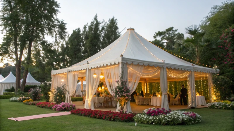 A large decorated marquee tent in a garden setting