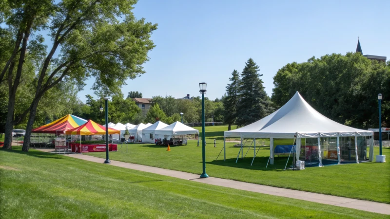 A vibrant outdoor park scene with colorful tents set up on green grass.