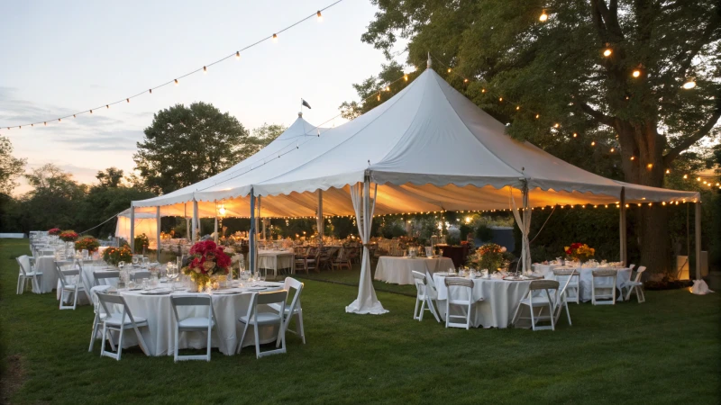 An outdoor party tent elegantly set up for an evening event with guests.