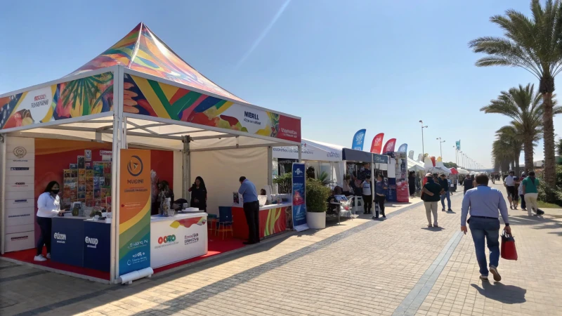 A vibrant outdoor trade show scene with a colorful tent and a traditional booth