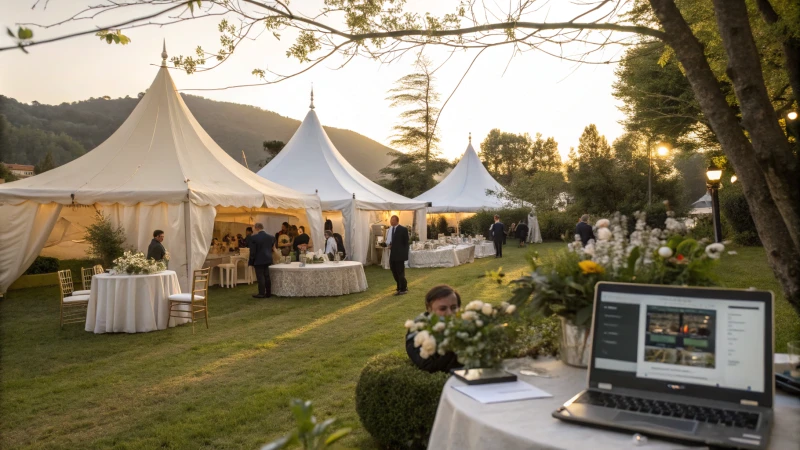 An outdoor wedding setup with white tents and floral decorations