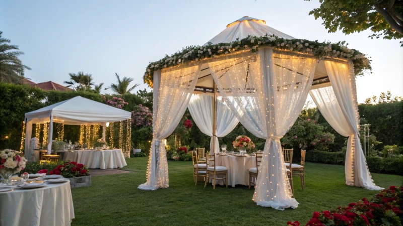 An outdoor wedding tent in a lush garden setting