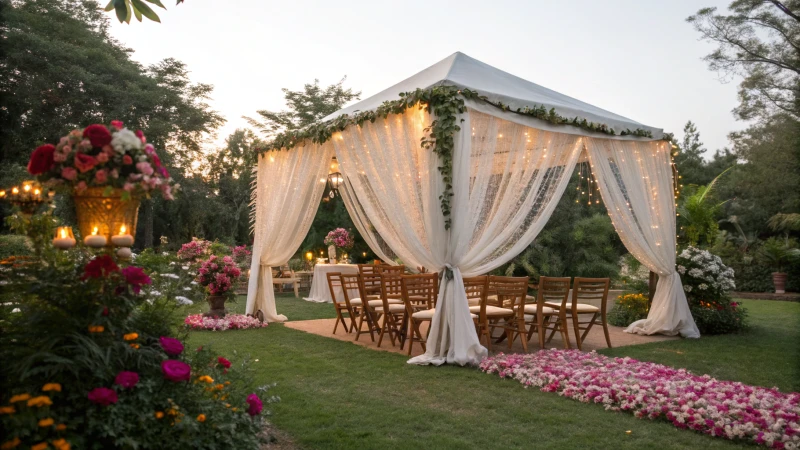 A beautifully decorated outdoor wedding tent in a lush garden.