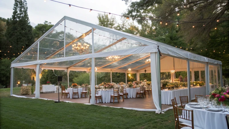 A large clear span tent set up for an outdoor wedding reception with elegant tables inside.