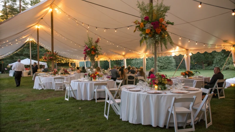 A beautifully arranged outdoor wedding tent