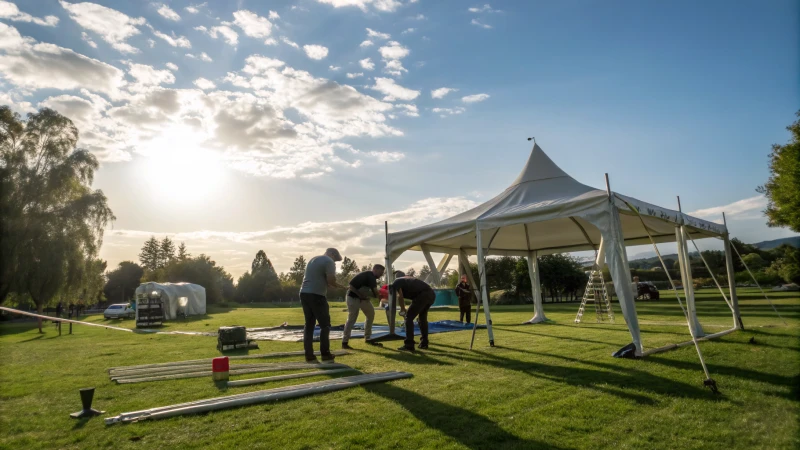 People working together to assemble a marquee tent outdoors