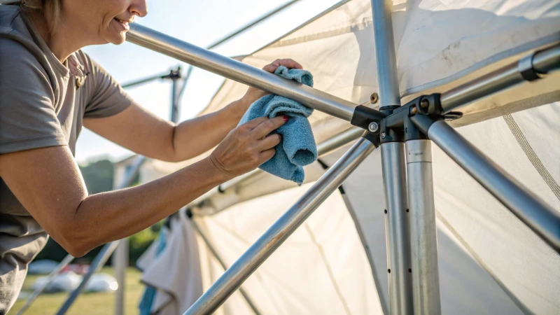 A person cleaning a tent frame outdoors