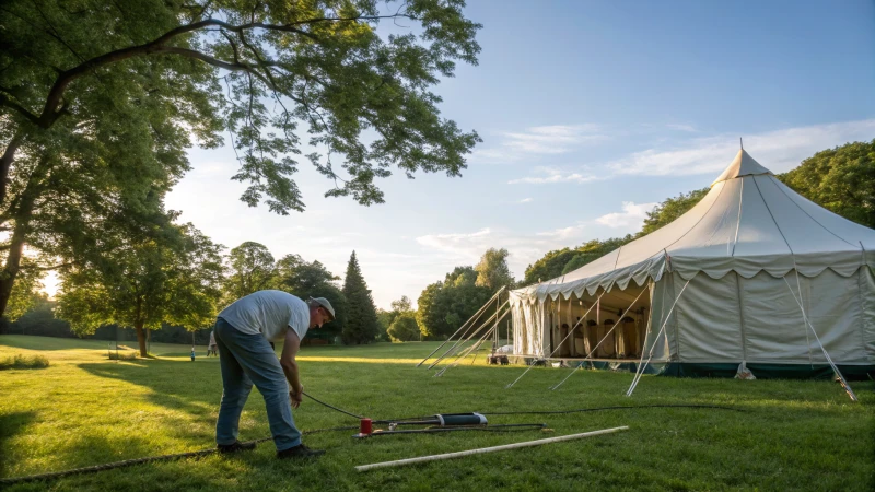 A person setting up a marquee tent in a park