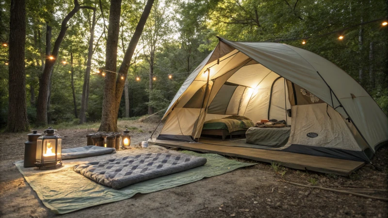 A campsite with a spacious tent and camping gear