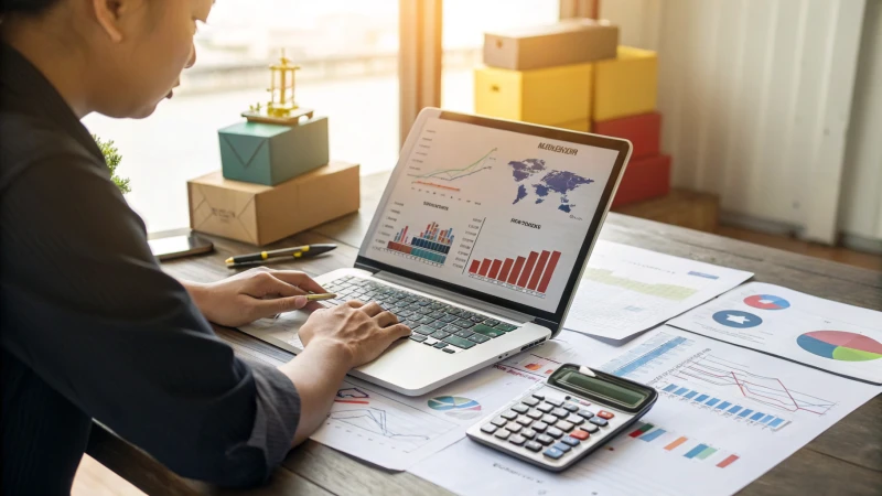 A person focused on a laptop with shipping analytics