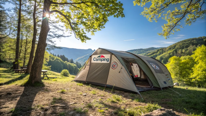 A realistic camping scene with a high-quality tent in a forest clearing