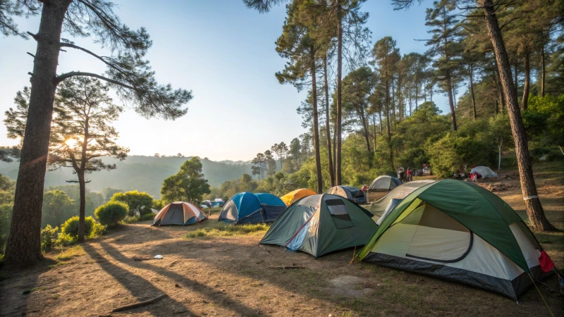 A scenic campsite with colorful tents under sunlight