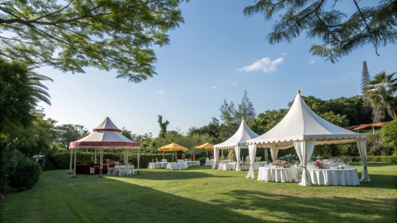 A serene outdoor event in a garden with white tents and colorful canopies