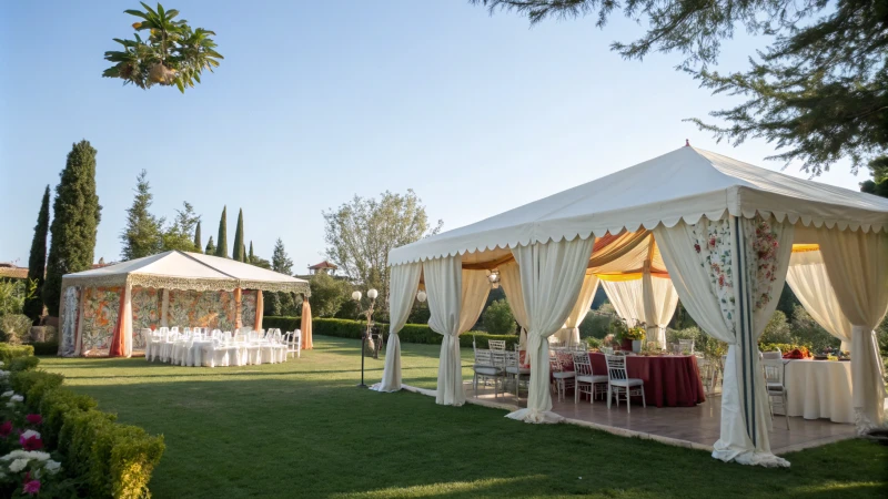 A serene outdoor event space with a white party tent and an elegant marquee in a garden