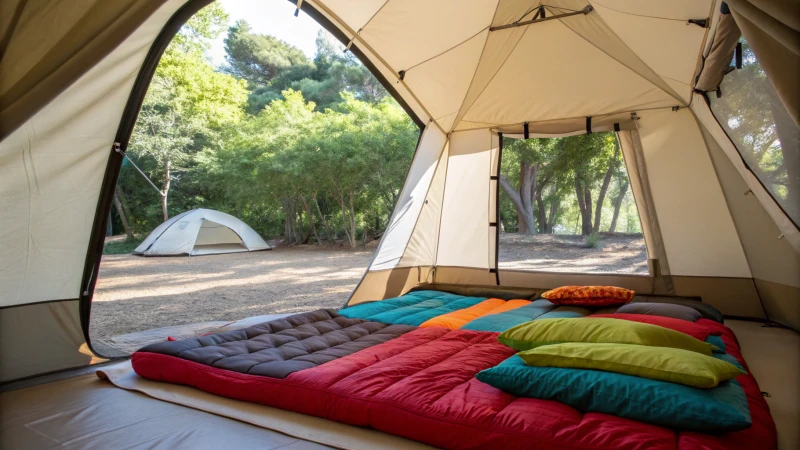 Interior of a camping tent with sleeping bag and pillows