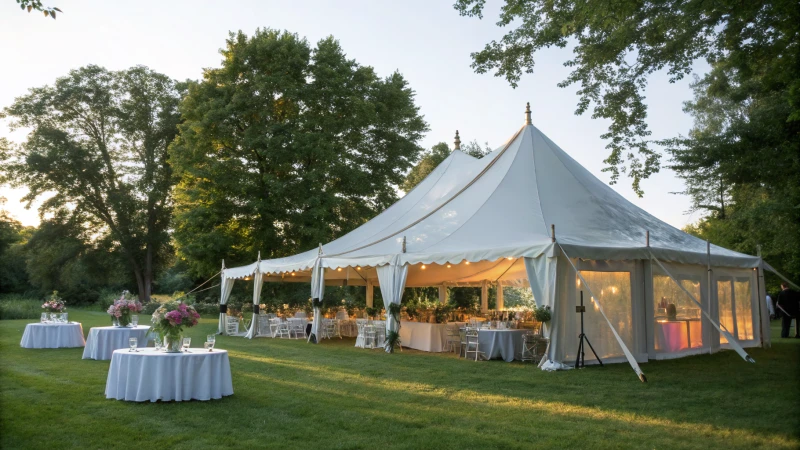 A spacious white marquee tent set up in a green park for a formal gathering.