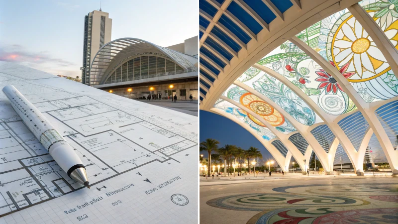 A split image showing architectural blueprint on the left and colorful design sketches on the right.