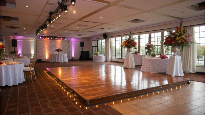 Elegant event space with a polished wooden dance floor and set tables