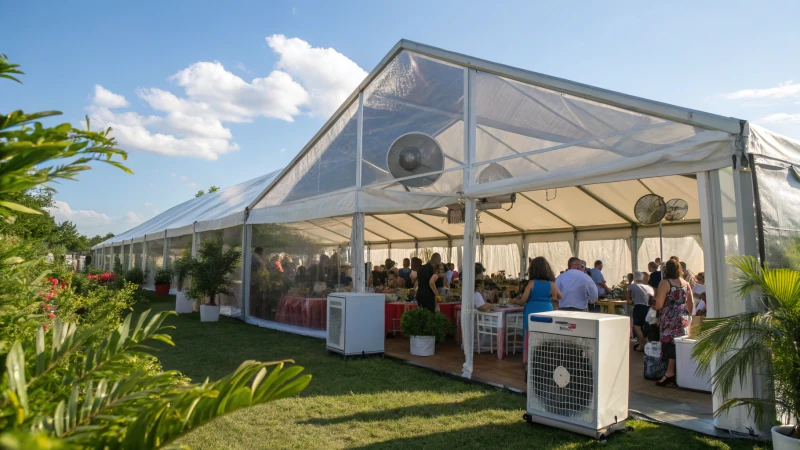 A vibrant outdoor party tent filled with guests enjoying the summer atmosphere.