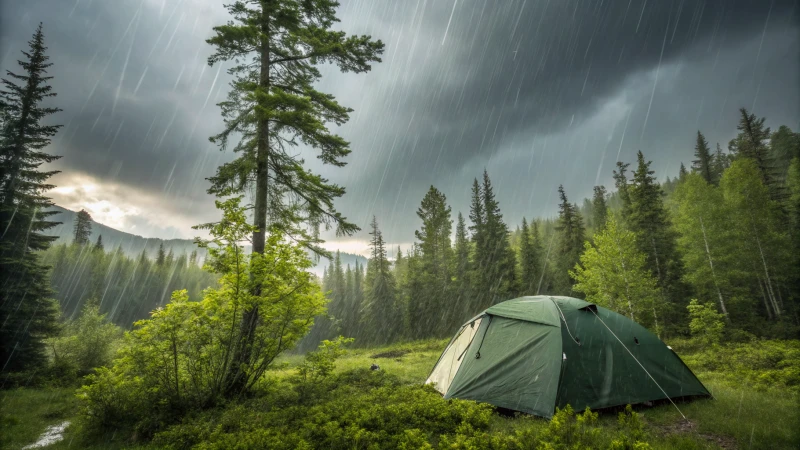 A waterproof tent in a forest during a rainstorm