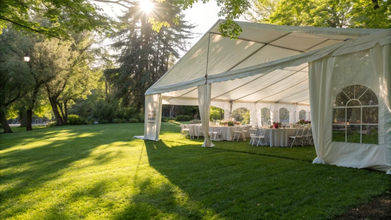 A large white tent in a green park setting