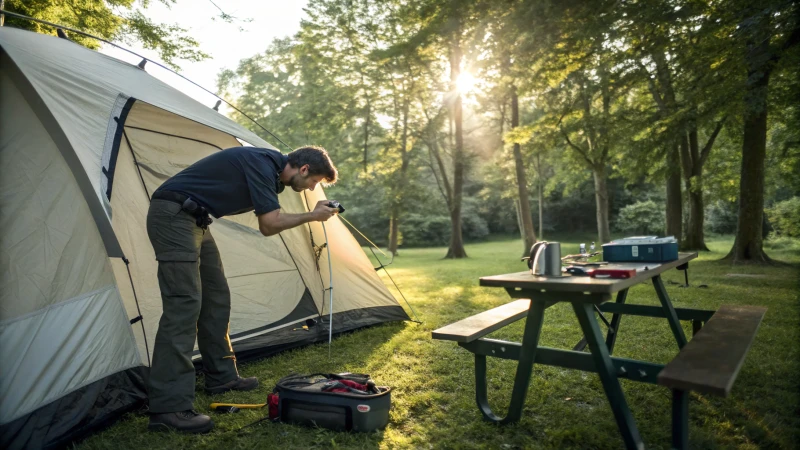 A technician inspecting a camping tent with a flashlight in a green outdoor setting.