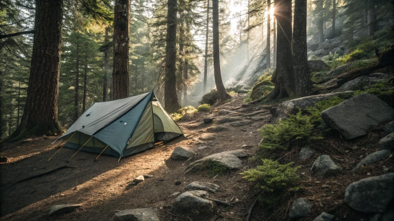 A tent pitched on sloped forest ground