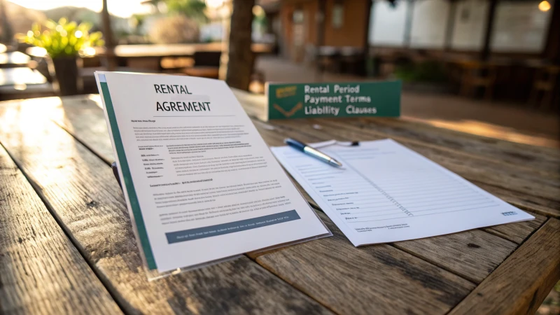 Tent rental agreement document on a rustic wooden table