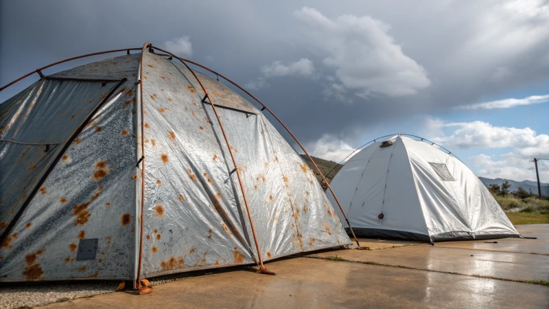 Two outdoor tents, one rusty steel and one shiny aluminum, in a windy environment.