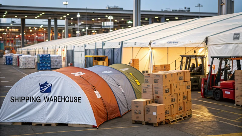 Various tents and shipping boxes in a warehouse