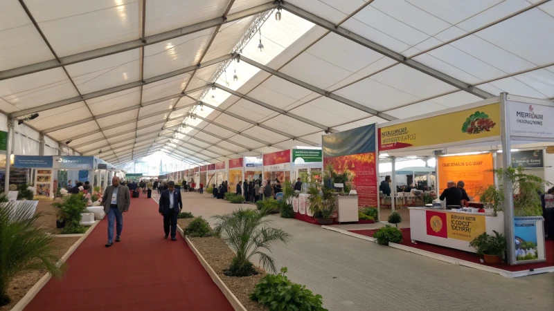 A large trade show tent filled with colorful exhibitor booths and attendees