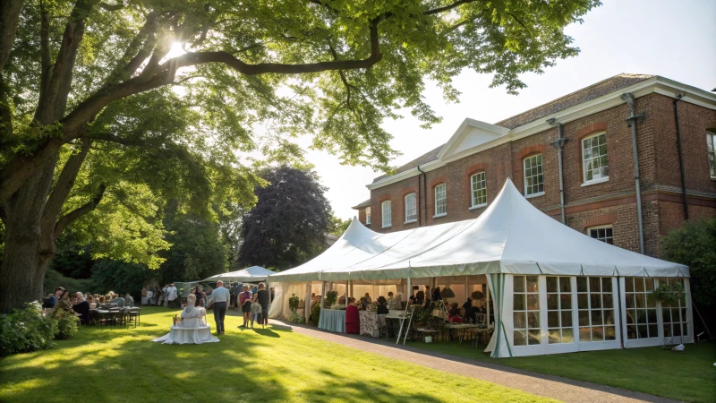 Outdoor event with marquee tent and brick building